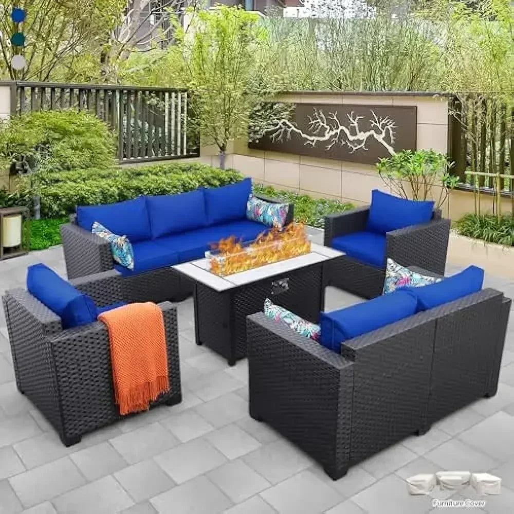 5-Piece Outdoor Wicker Patio Furniture Set – 45" Fire Pit Table, No-Slip Cushions & Waterproof Cover