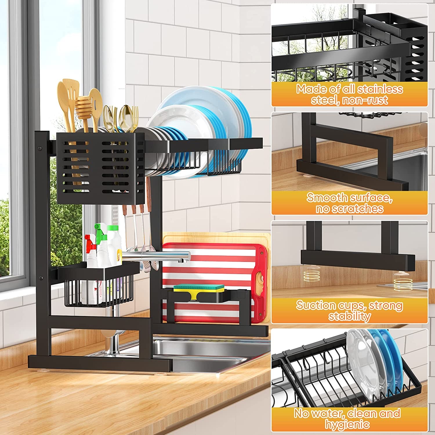 Adjustable 2-Tier Over Sink Dish Drying Rack (26''-38''), Stainless Steel Kitchen Organizer - Homeward Trends