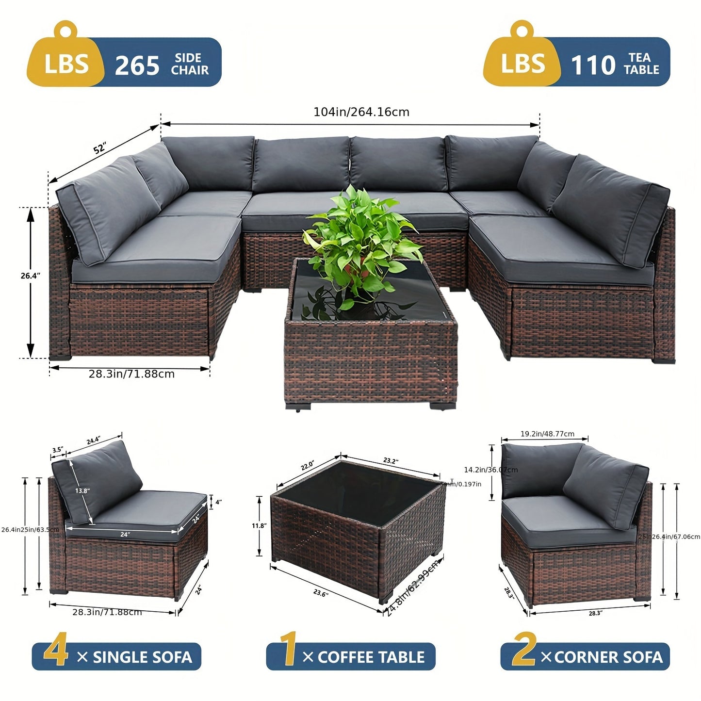 Waterproof Wicker Patio Sofa Set – Brown Outdoor Sectional with Cushions & Coffee Table for Garden & Deck