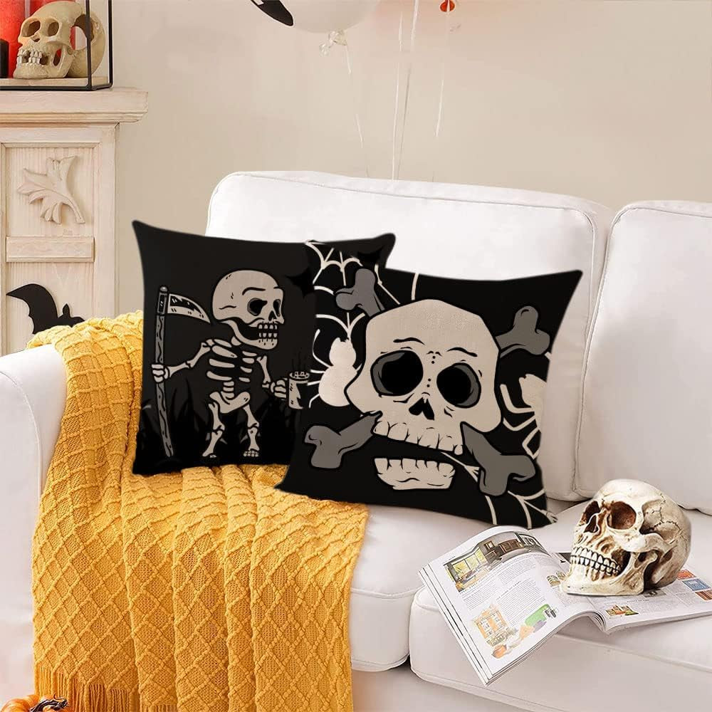 Halloween Pillow Covers 16X16 Set of 4 Black Halloween Decorative Throw Pillows Skeleton Ghost Pillow Cases Home Outdoor Sofa Couch Cushion Covers for Halloween Decorations (16 by 16)