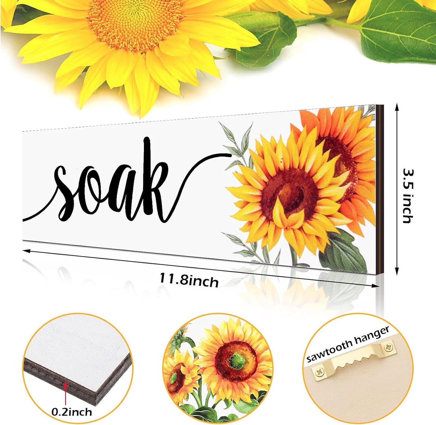 4-Piece Rustic Sunflower Bathroom & Kitchen Wall Decor - Farmhouse Wooden Signs, White - Homeward Trends