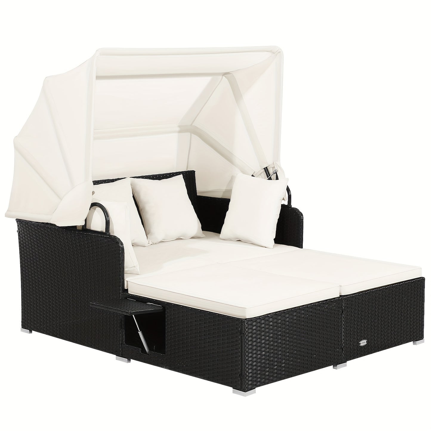 Contemporary Patio Daybed – PE Rattan Lounge with Retractable Canopy, Cushions & Side Tables