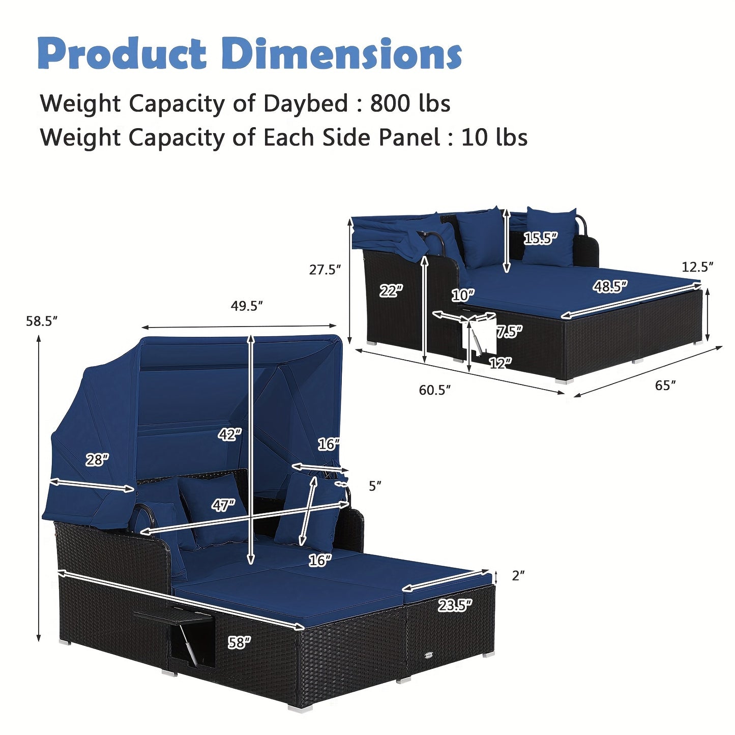 Contemporary Patio Daybed – PE Rattan Lounge with Retractable Canopy, Cushions & Side Tables