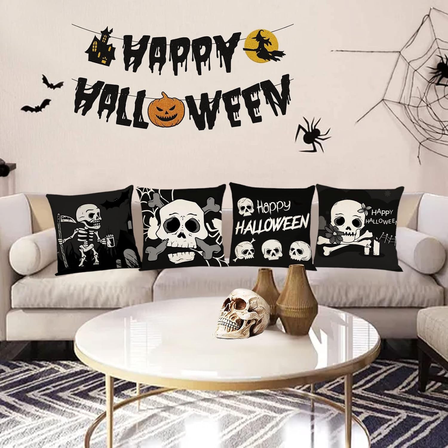 Halloween Pillow Covers 16X16 Set of 4 Black Halloween Decorative Throw Pillows Skeleton Ghost Pillow Cases Home Outdoor Sofa Couch Cushion Covers for Halloween Decorations (16 by 16)