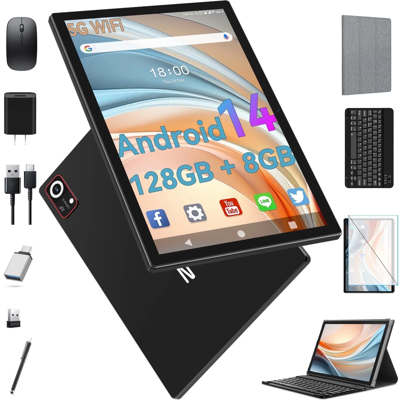 10” Android 14 Tablet, 128GB+8GB, 1TB Expand, 5G WiFi, Octa-Core, 13MP Camera, Keyboard, HD Display