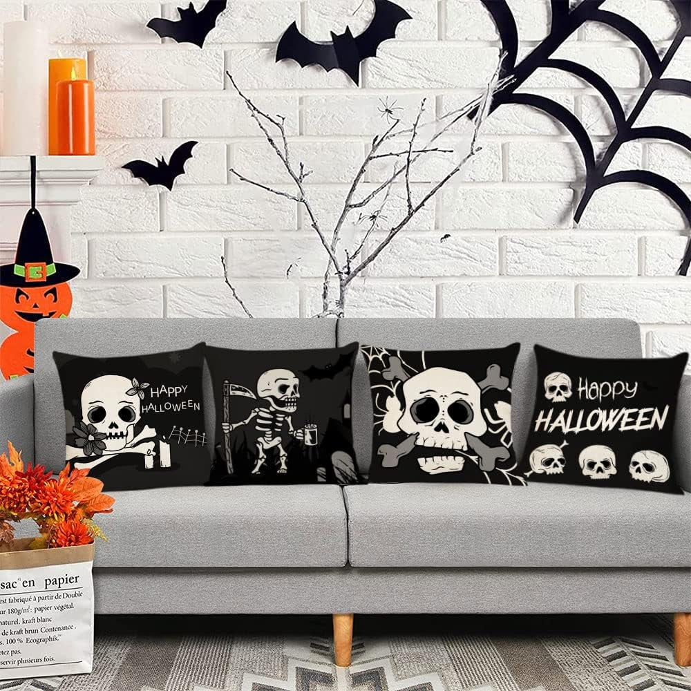 Halloween Pillow Covers 16X16 Set of 4 Black Halloween Decorative Throw Pillows Skeleton Ghost Pillow Cases Home Outdoor Sofa Couch Cushion Covers for Halloween Decorations (16 by 16)